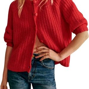 Bold Red Cardigan with Ribbed Knit and Relaxed Fit